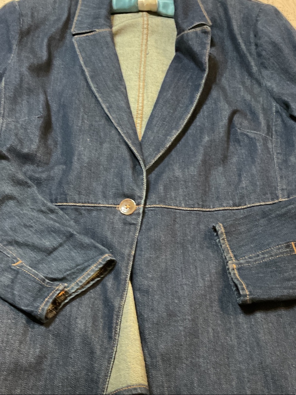 Chico's Casual Dark Blue Denim Tailored Blazer Jacket; long sleeves - Picture 4 of 5
